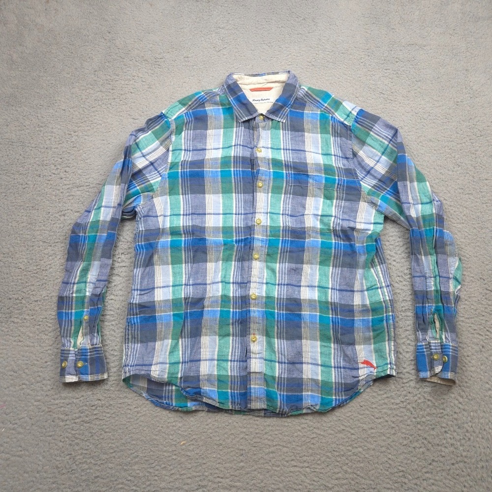 Tommy Bahama Mens Large 100% Linen Plaid Button Shirt Blue Green Long Sleeve